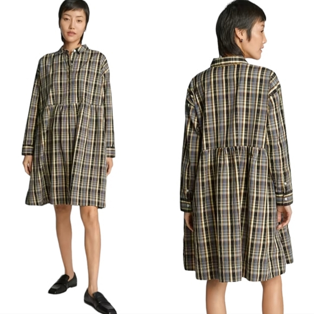 Everlane Plaid Midi Shirt Dress — Black, Yellow, Cream